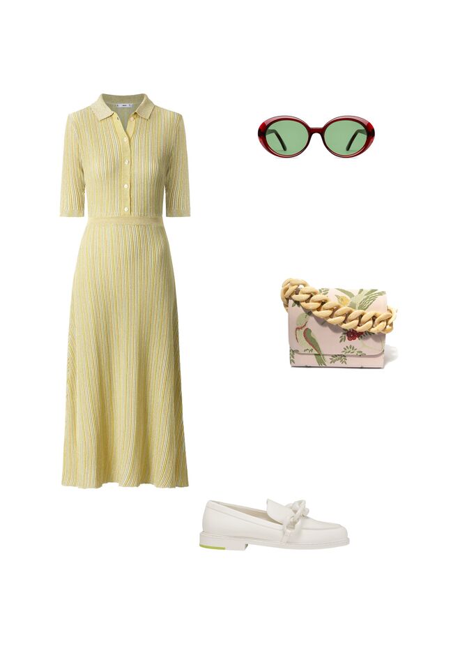 Vestido em malha de algodão, €49,99, Mango. Óculos em massa, €138, Fora. Carteira em pele, €188, Marques’Almeida. Mocassins em pele, €470, Longchamp. 