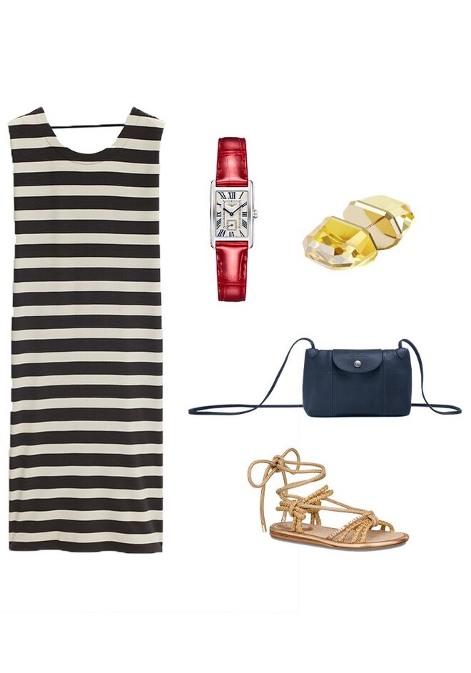 Sandálias em pele com cordão de algodão, €850, Louis Vuitton; Carteira Le Pliage Cuir em pele, €190, Longchamp; Relógio DolceVita, em pele e aço, €1240, Longines; Brinco Lucent, em prata com banho dourado, com critais Swarovski, € 89, Swarovski.