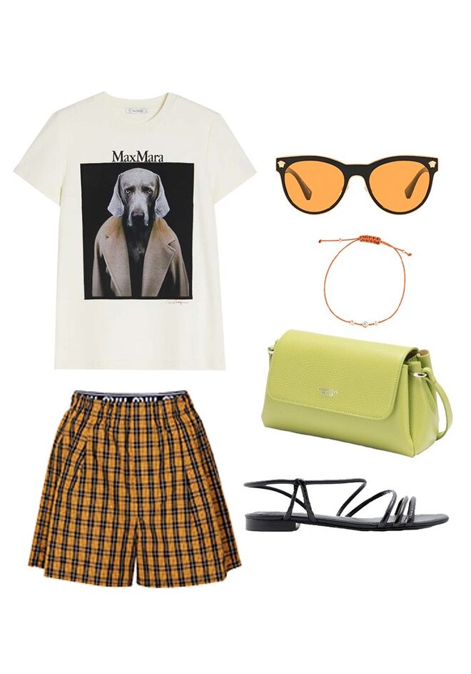 Óculos em massa com metal, € 220, Versace em Sunglass Hut; T-shirt em algodão, € 199, MaxMara; Sandálias em pele, € 59,95, Aldo; Calções em algodão, € 490, Miu Miu em Mytheresa.com; Pulseira, Mia, com diamantes, €475, Direggio