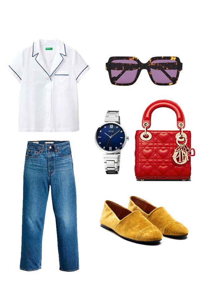 Loafers Slip-on, em veludo, €123, Lachoix; Relógio, Shine Bright by Helena Coelho, em aço, €119, One; Óculos em massa, €145, Liu Jo; Calças Ribcage em ganga, € 120, Levi’s; Carteira Micro Bag - Lady Dior,  preço sob consulta. Dior; Camisa em algodão, € 49,95. Benetton.