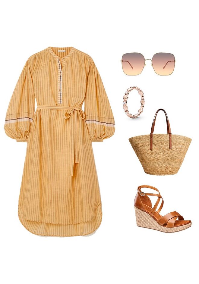 Anel Sparkling Seashell Band, em pandora rose com zircónias, €49, Pandora; Sandálias em pele, €19,99, Deichmann; Óculos em metal, €339, Gucci na GrandOptical; Vestido em algodão, €500, Ulla Johnson em Net-a-porter.com; Carteira em juta, €29,99, Mango.