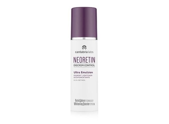 Emulsão com uma combinação de retinol e ativos despigmentantes. Neoretin Driscrom Control Ultra Emulsão Despigmentante, €46,75, Cantabria Labs.