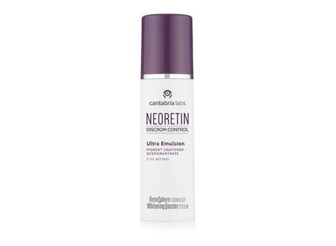 Emulsão com uma combinação de retinol e ativos despigmentantes. Neoretin Driscrom Control Ultra Emulsão Despigmentante, €46,75, Cantabria Labs.