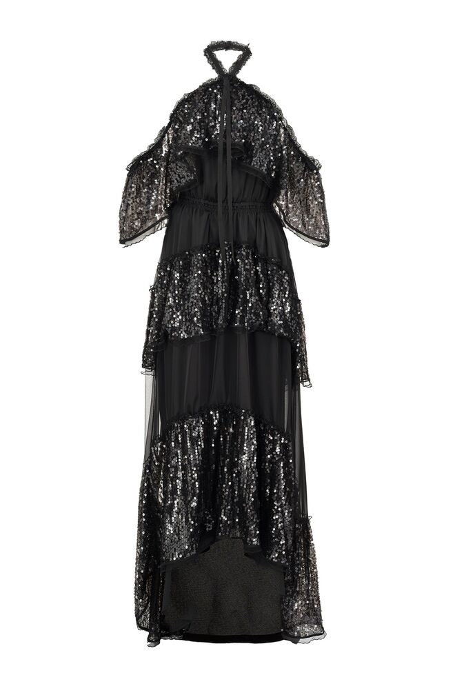 Vestido em tulle de seda com lantejoulas bordadas, €495, Pinko. 