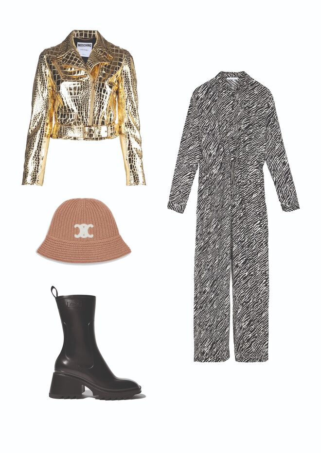 Biker Jacket em pele gravada e metalizada, €1.995, Moschino em Farfetch.com. Macacão em algodão, €99, Scalpers. Cloche Bucket em caxemira, €450, Celine by Hedi Slimane. Botas Betty em borracha, €395, Chloé em Farfetch.com