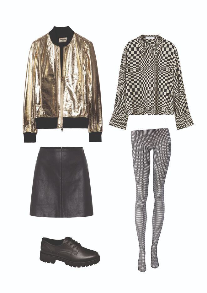 Blusão Larsona laminado, € 895, Zadig&Voltaire.
Camisa em algodão, €29,99, Mango. Saia em pele, €890, Stouls em Matchesfashion.com. Collants em nylon Qnova, €9,95, Calzedonia. Sapatos Graceland – Chunky Style em pele,€34,99, Deichmann