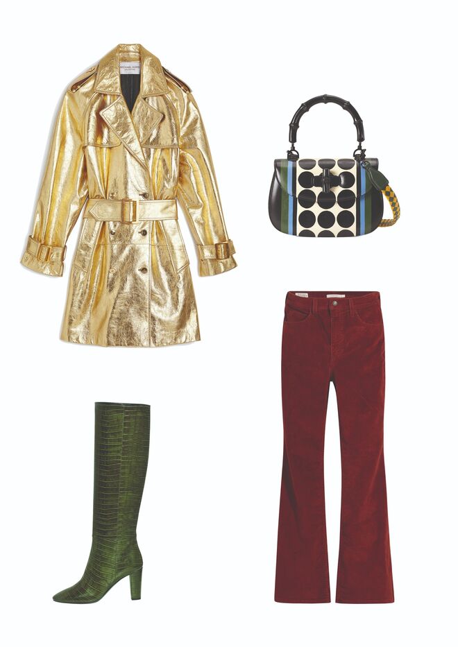 Trench coat em pele metalizada, € 4.590, Michael Kors Collection. Calças 70s High em bombazine, €130, Levi’s. Carteira 100 Bamboo em pele com alça em bambu, Gucci. Botas em pele gravada, €750, Longchamp