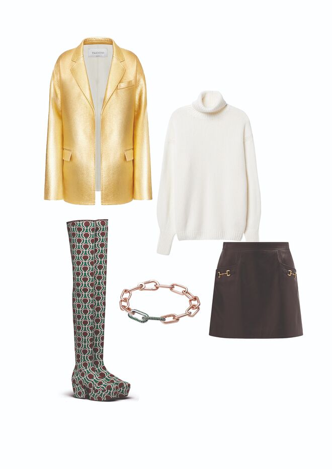 Casaco laminado em lã, caxemira e PU, €3500, Valentino. Camisola em caxemira, €297, Falconeri. Saia em pele com rebites em metal, € 1600, Gucci em Matchesfashion.com. Pulseira Me Link Chain em liga com revestimento de Ouro Rosa 14k, €179 + Double Link Me Pavé em prata 925 e cristais, €35 , Pandora. Botas em malha jacquard, €1340, Prada