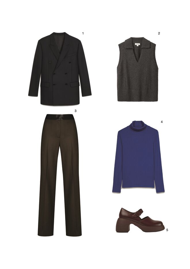 1.Casaco em lã mohair, €2000, Celine by Hedi Slimane. 2.Colete em lã, €69, Cos. 3.Calças em fazenda de lã, € 310, LVIR em Farfetch.com. 4.Camisola em malha de algodão, €15,99, Parfois. 5. Sapatos Thelma em pele, €145, Camper.