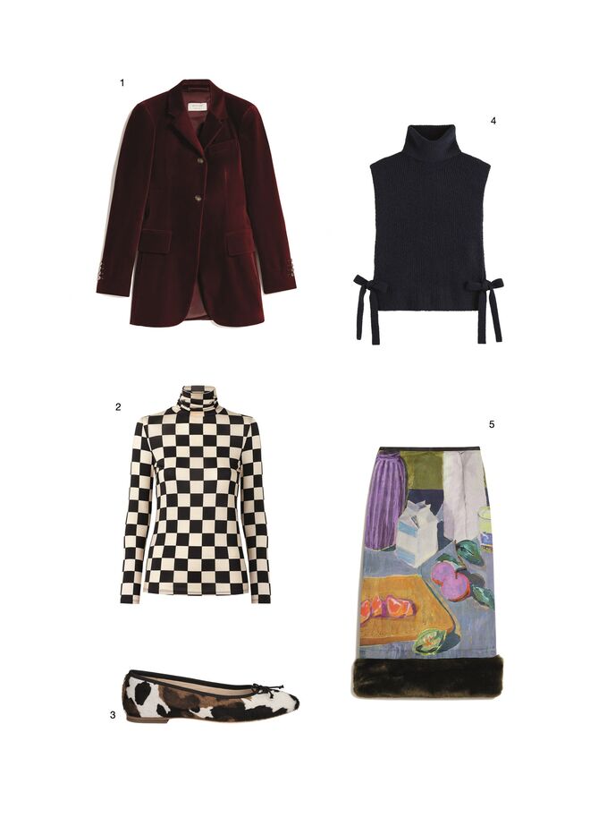 1.Casaco em veludo, €695, Sportmax. 2. Camisola em malha de viscose, €25,99, Mango. 3.Bailarinas Tiptoe Bessie em pelo de pónei, €199, Josefinas. 4. Colete em lã e algodão, €118, Scotch & Soda. 5. Saia em algodão, €399, Sportmax.