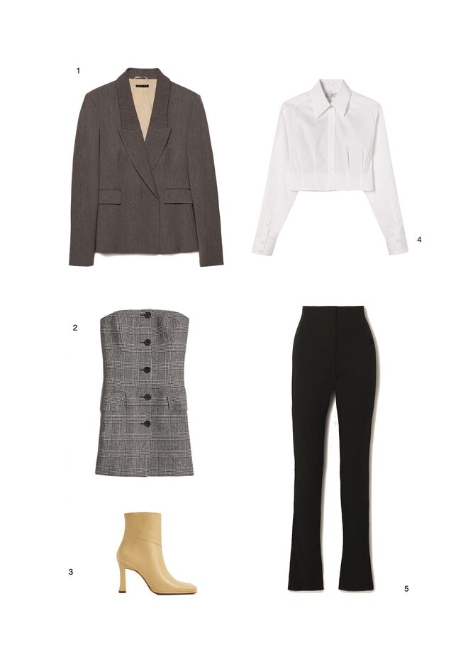 1.Casaco em lã fria, €119, Sisley. 2.Bustier em lã, €1050, Michael Kors Collection. 
3.Botas em pele, €99,99, Mango. 4.Camisa em algodão, € 220, A-Line. 5.Calças em crepe, €435, Jacquemus em Netaporter.com. 