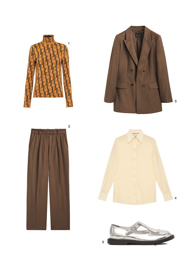 1.Camisola em malha jacquard de algodão e seda, €880, Prada. 2.Calças em lã, €69,95, Massimo Dutti. 3.Casaco em lã, €149, Massimo Dutti. 
4. Camisa em crepe da china, €790, Gucci. 5. Sapatos Mary Jane T-Bar em pele, €335, Burberry em Farfetch.com.