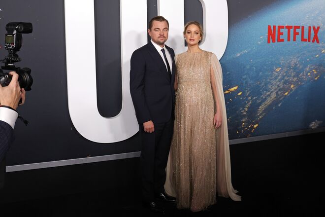 Jennifer Lawrence e Leonardo DiCaprio na antestreia do filme 'Don´t Look Up', dezembro de 2021
