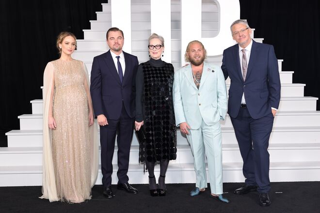 Jennifer Lawrence, Leonardo DiCaprio, Meryl Streep, Jonah Hill e Adam McKay na antestreia do filme 'Don´t Look Up', dezembro de 2021