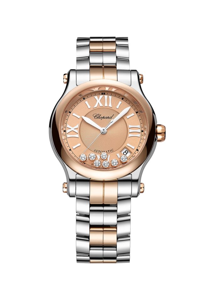 Namorada - Relógio Happy Sport 36 mm, automático em ouro rosa e aço, com dia mantes, €14.400, Chopard