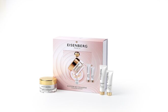 Mãe - Coffret Boost Colagénio Avec Pro, contém Soin Anti-Âge 50ml +Formato de viagem Masque Tenseur Remodelant 15ml + Formato de
viagem Sérum Hydratant Lissant 7,5ml, preço sob consulta, Eisenberg