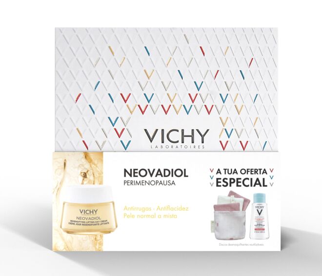 Avó - Coffret Neovadiol Perimenopausa é composto por Neovadiol Peri-Menopausa creme de dia, com oferta de água micelar mineral, e de discos desmaquilhantes reutilizáveis, €37, Vichy