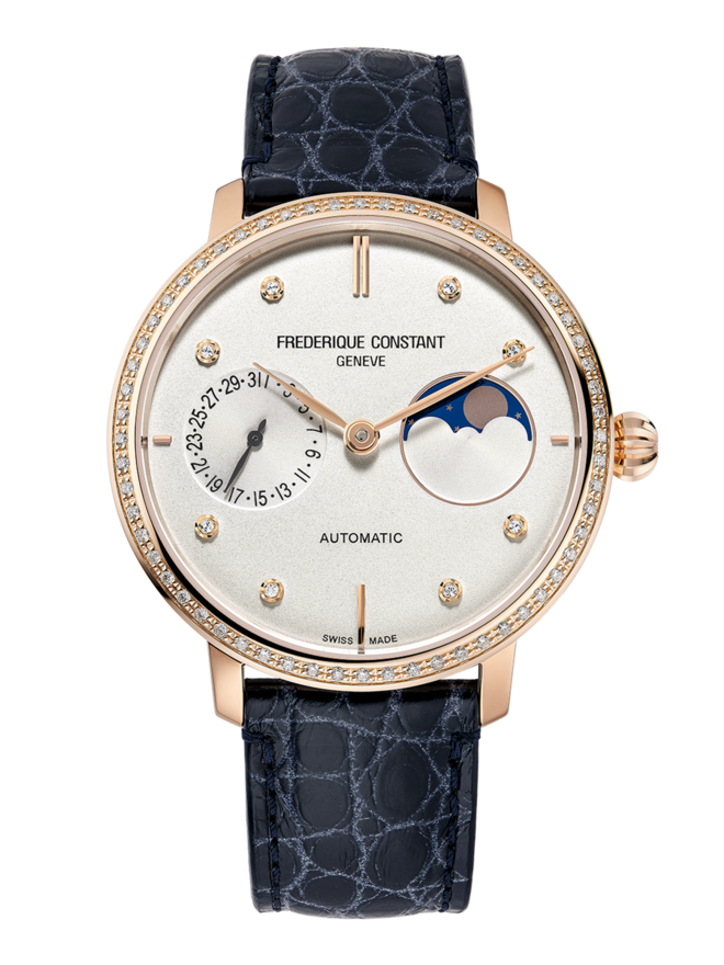 Relógio Slimline Moonphase Manufacture, em ouro rosa com diamantes e correia em couro, € €4.595, Frederique Constant