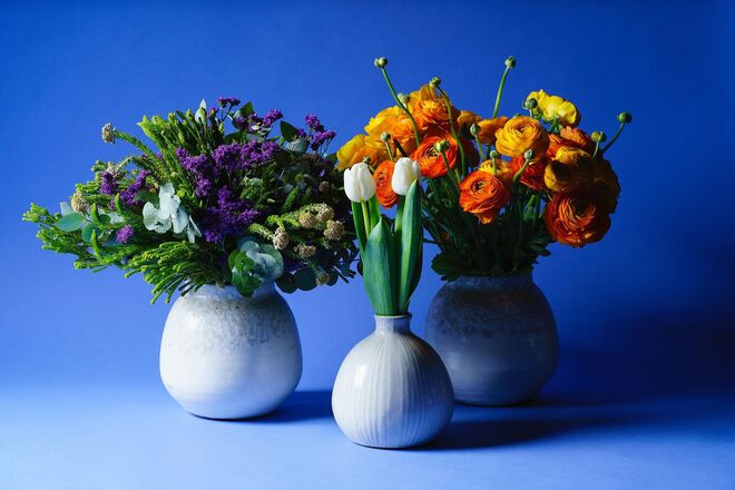 Coleção All for Love, Love for All - Jarra Bloom Habitat com Safari e Limonium (50€), Solitário Bloom Habitat com Tulipas Vermelhas (21€), Jarra Bloom Habitat com Ranúnculos (65€), Bloom