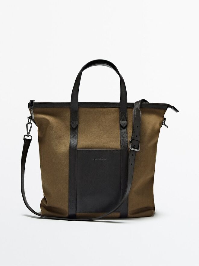 Mala tote em tela e pele, €99,95, Massimo Dutti