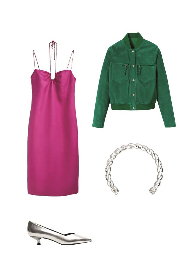 Vestido em linho, €89,95, Massimo Dutti. Blusão em camurça, €1500, 
Longchamp. Colar XL Twisted em prata, €549, Tous. Sapatos em 
polipele, €29,99, Parfois