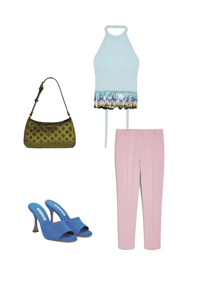 Top em lã fria com lantejoulas, €1490, Lanvin em Netaporter.com.
Calças em algodão, €29,99, C&A. Carteira Kimi, €140, em veludo, 
Guess. Sandálias em camurça, €495, Aquazzura em Mytheresa.com.