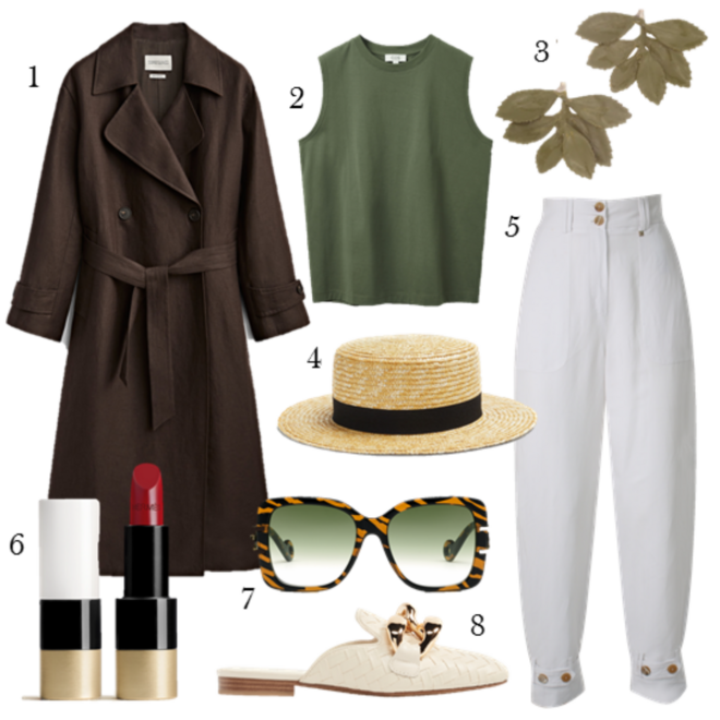 Trench-coat, €249, Massimo Dutti Limited Edition; 2. T-shirt, €29, COS; 3. Brincos Ruber Folium, €75, Joana Ribeiro; 4. Chapéu, €17,99, Parfois; 5. Calças, €125,80, Kocca; 6. Batom Rouge H, €66, Hermès; 7. Óculos, €249, Lanvin; 8. Mules, €22,99, Deichmann.