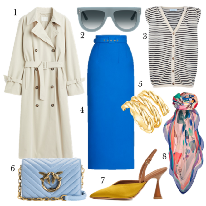 Trench-coat, €49,99, H&M; 2. Óculos, Isabel Marant (preço sob consulta); 3. Colete,  Pedro del Hierro (preço sob consulta); 4. Saia, €240, Diogo Miranda; 5. Anel Twisted, €239, Tous; 6. Carteira Love Bag, €335, Pinko; 7. Sapatos, , Luís Onofre (preço sob consulta); 8. Lenço, Chopard (preço sob consulta).