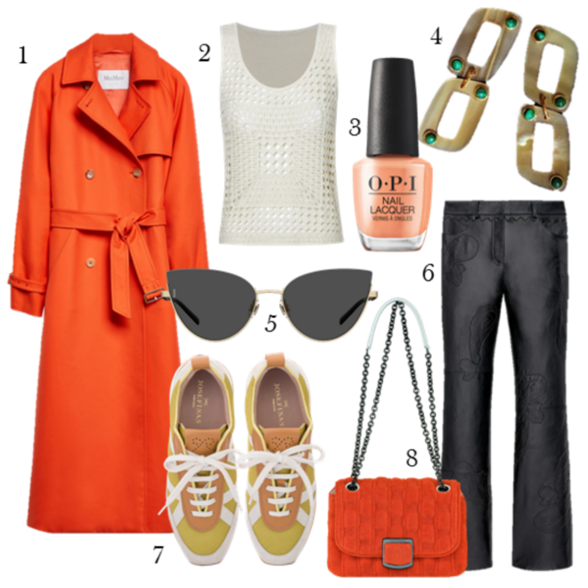 Trench-coat, €1399, MaxMara; 2. Top, €25,99, Mango; 3. Verniz no tom Trading Paint, Opi (preço sob consulta); 4. Brincos Tefnut, €35, Zawi; 5. Óculos, Missoni (preço sob consulta); 6. Calças, €159, Zara Limited Edition; 7. Ténis Maria, €295, Josefinas; 8. Carteira Brioche Eponge, €490, Longchamp 