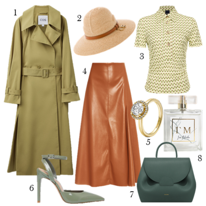 Trench-coat, €190, COS; 2. Chapéu, €302, Elisabetta Franchi; 3. Pólo, €195, Pinko; 4. Saia, €195, Maliparmi, na Loja das Meias; 5. Anel Sparkling Round Halo, €99, Pandora; 6. Sapatos, €99,99, Steve Madden; 7. Carteira, €350, Pólene; 8. Eau de parfum I’m, 100ml, €57, Inês Mocho na Perfumes & Companhia. 