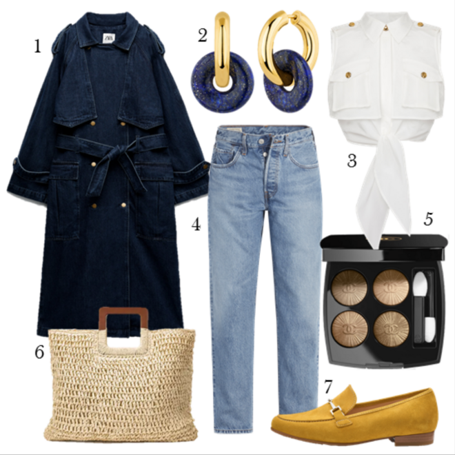 Trench-coat, €79,95, Zara; 2. Brincos, €125, Aristocrazy; 3. Camisa, €296, Elisabetta Franchi; 4. Calças 501, €130, Levi’s; 5. Paleta de sombras 747 Méditerranéen, €57, Chanel; 6. Carteira, €27,99, La Redoute; 7. Mocassins, €99,50, Ara.