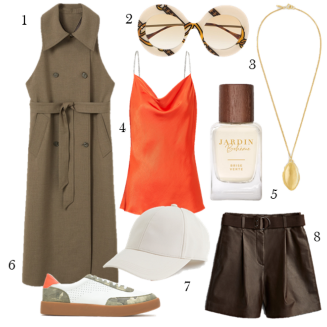 Trench-coat, €199,99, Mango; 2. Óculos, €372, Gucci, na André Ópticas; 3. Colar, €98, Juliana Bezerra; 4. Top, €25,99, Mango; 5. Eau de parfum Brise Vert,50ml, €39,95, Jardin Bohème, na Douglas; 6. Ténis, €89,90, Hush Puppies; 7. Boné, €12,99, H&M; 8. Calções, €199, Massimo Dutti.