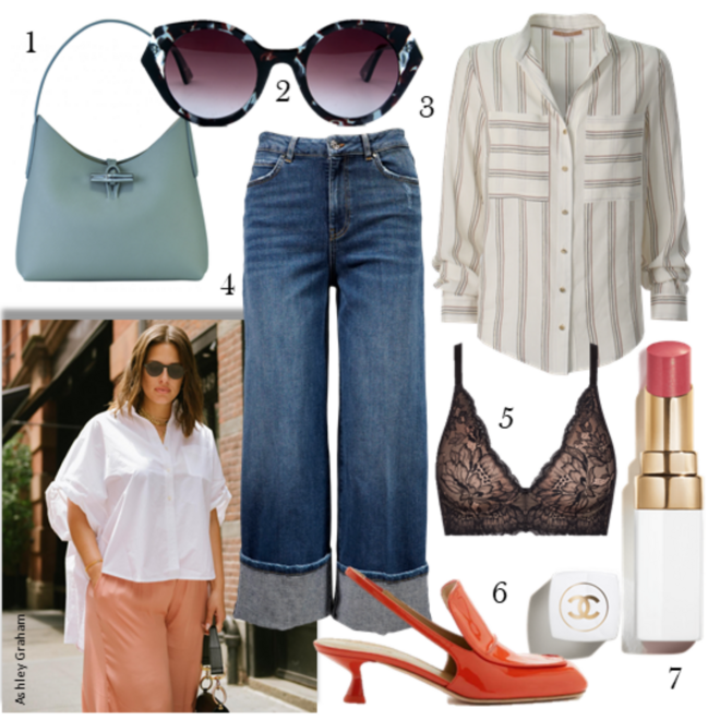Carteira Roseau, €290, Longchamp; 2- Óculos, €327, Face a Face na Óptica Boavista; 3 – Camisa Eleth, €119,90, Kocca; 4 – Calças, €124,90, Relish; 5 – Soutien, €42,99, Triumph; 6 -Sapatos, €495, Sportmax; 7 – Batom Coco Baume, €38, Chanel