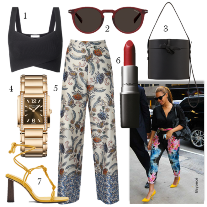 Top, €15,99, Mango; 2- Óculos 5019, €105, Levi’s; 3- Carteira Power Lunch, €225, Josefinas; 4 – Relógio 4910/1201R Twenty, Patek Philippe (preço sob consulta); 5 – Calças Bezim, €108,80, Kocca; 6- Batom Retro Matte, €21,50, MAC na Perfumes & Companhia; 7 – Sandálias, €99,95, Massimo Dutti