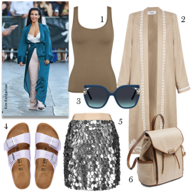 Top Go Allround, €34,99, Sloggi; 2 – Quimono Nopal, €249, Hoss; 3 – Óculos, Carolina Herrera (preço sob consulta); 4- Sandálias Arizona, €80, Birkenstock; 5- Saia, €740, Pinko; 6- Mochila, €25,99, Parfois