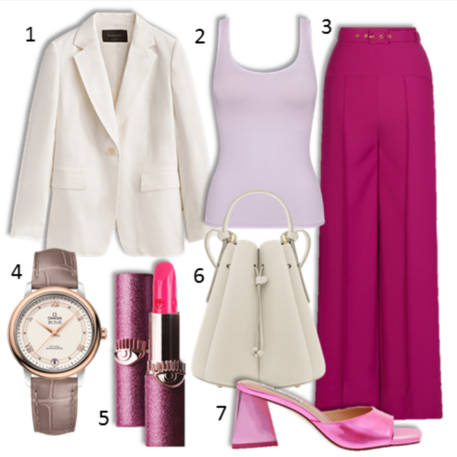 1.Blazer, €89,95, Massimo Dutti; 2. Top Go Allround, €34,99, Sloggi; 3. Calças, €380, Diogo Miranda; 4. Relógio Omega De Ville Prestige, €5200, Omega, na Boutique dos Relógios; 5. Batôm Tinted Lip Balm, €20,95, Chiara Ferragni, exclusivo na Douglas; 6. Carteira Número Huit, €320, Polène; 7. Mules, €99,99, Steven Madden.