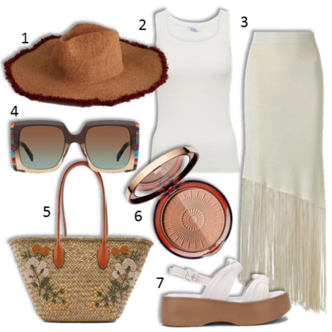 1.Chapéu, €16,99, Women’Secret. 2. Top, €215, MaxMara, em mytheresa.com; 3. Saia, €39,99, Mango; 4. Óculos, €189, Missoni; 5. Cesta, €39,95, Zara; 6. Pó bronzeador, €21,95, Artdeco, na Perfumes & Companhia; 7. Sandálias, €75, Melissa.