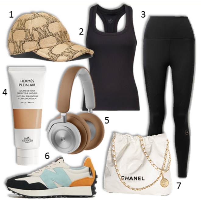 1.Boné, €179, MaxMara; 2. Top, €85, Alo Yoga, em mytheresa.com; 3. Leggings, €120, Adidas by Stella McCartney, em net-a-porter.com; 4. Bálsamo da coleção Plein Air, €75, Hermès; 5. Auscultadores Beoplay HX, €499, Bang & Olufsen; 6. Ténis 327, €100, New Balance na JD Sports; 7. Bolsa 22, Chanel (preço sob consulta).
