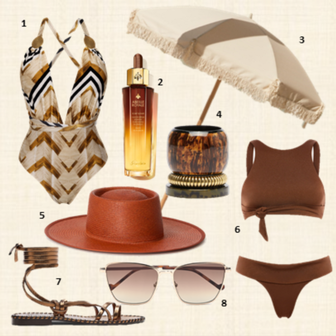 1.Fato de banho, €149, Brazilian Bikini Shop; 2. Sérum Abeille Royalle para couro cabeludo e cabelo, €120, Guerlain; 3. Guarda-sol, €99,99, Oysho; 4. Conjunto de pulseiras, €85, MaxMara; 5. Chapéu Citron Palm Chilli, €149,50, Frederica; 6. Biquíni Icónico 2015, €98,50, Latitid; 7. Sandálias, €69,95, Massimo Dutti; 8. Óculos de sol, €145, Liu Jo.