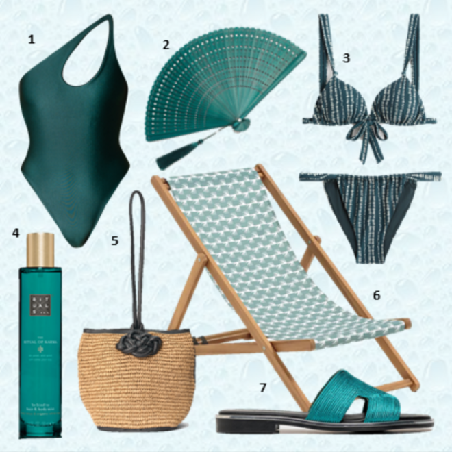 1.Fato de banho Lola in Paradise, €98,38, 38 GRAUS; 2. Leque, €12,99, Parfois; 3. Biquíni, soutien, €17,99, e cuecas, €15,99, Oysho; 4. Brisa de cabelo e corpo The Ritual of Karma, 50ml, €17,50, Rituals; 5. Cesta, €270, By Malene Birger; 6. Cadeira de praia Amezza, €69,99, La Redoute; 7. Sandálias Naomi, €69,90, Hush Puppies.