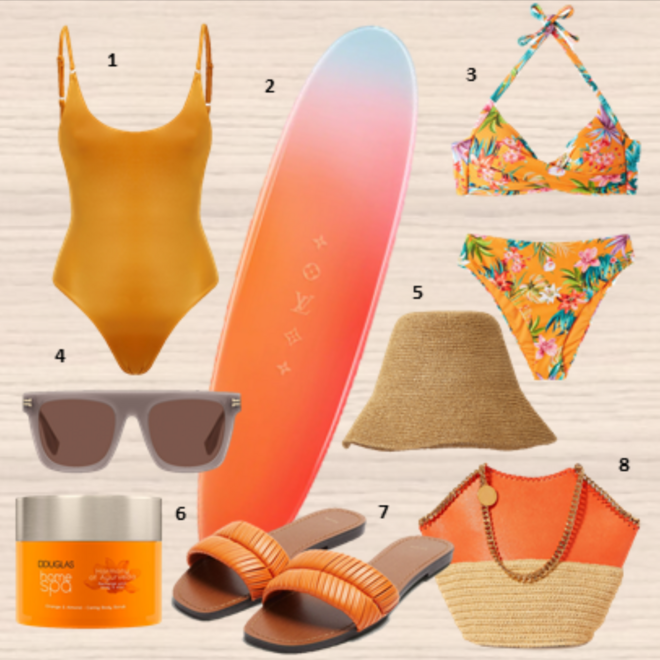 1.Fato de banho, €110, Guess; 2. Prancha de surf On the Beach, Louis Vuitton (preço sob consulta); 3. Biquíni Rio Eco, soutien, €30, e cuecas, €20, Calzedónia; 4. Óculos de sol, Marc Jacobs (preço sob consulta); 5. Chapéu, €45, COS; 6. Esfoliante corporal Harmony of Ayurveda, €14,95, Douglas; 7. Sandálias, €25,99, Parfois; 8. Carteira The Falabella, €745, Stella McCartney, em net-a-porter.com.