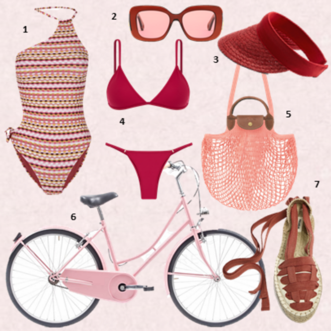 1.Fato de banho, €34,99, Women’Secret; 2. Óculos de sol, €235, Lanvin; 3. Viseira, €12,95, Zara; 4. Biquíni Comporta, €78,50, Frederica; 5. Saco Le Pliage Filet, €85, Longchamp; 6. Bicicleta Capri Gracia 1V, €325, em biciclasica.com; 7. Alpercatas, €35,99, Pull & Bear.