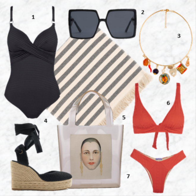 1.Fato de banho, €84,99, Triumph; 2. Óculos de sol, €19,95, Aldo; 3. Colar Pezzi, €79,99, Cashfana; 4. Alpercatas, €49,95, Zara; 5. Toalha de praia Barra, €39,99, Torres Novas; 6. Biquíni Poke V1, €95,90, Cantê; 7. Saco, €70, Melissa.