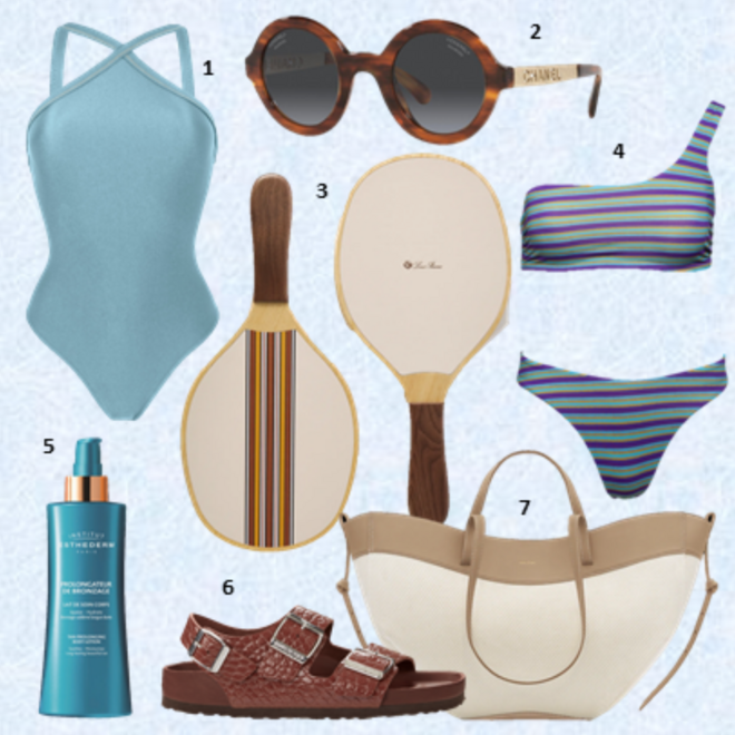 1.Fato de banho, €79, Rio de Sol; 2. Óculos de sol, €430, Chanel na Óptica Boavista; 3. Raquetes de praia, €890, Loro Piana, em mrporter.com; 4. Biquíni Energy, €52, Suuim; 5. Prolongador de bronzeado, 200ml, €50,60, Esthederm; 6. Sandálias, €190, Birkenstock; 7. Carteira Cyme Tissé, €290, Polène. 