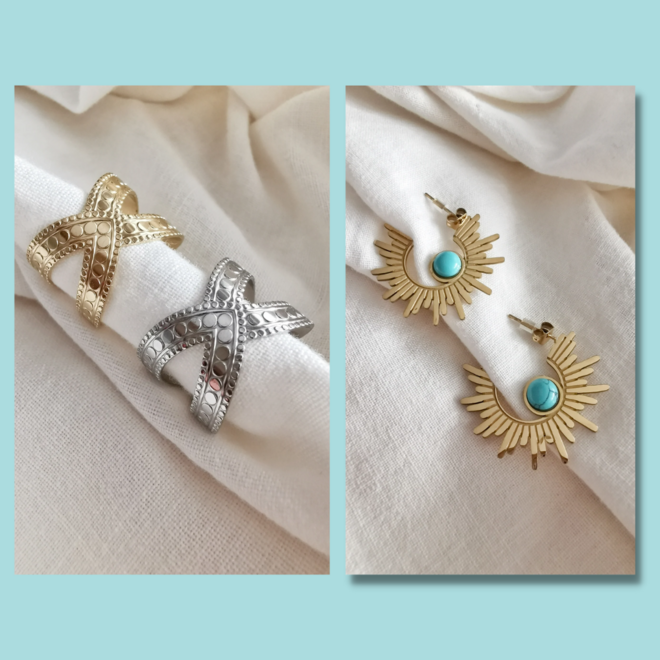 Anel Francisca, €14 e brincos Turquesa, €14, Ellace