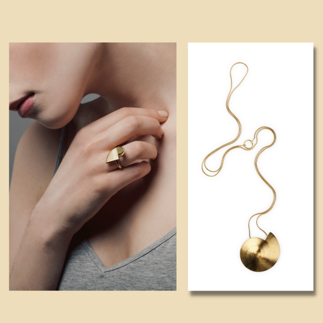 Anel Golden Spiral I, €110 e colar Grande Mirabilis, €197, Vangloria