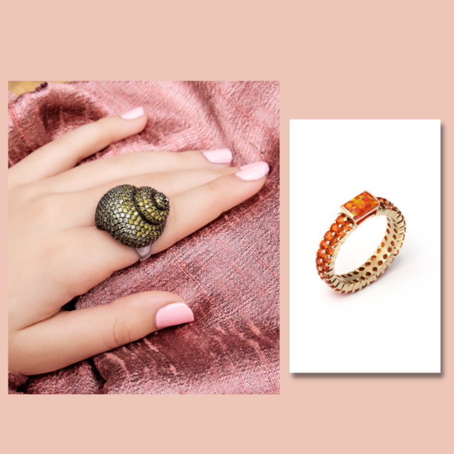 Anel Concha, €229 e anel Topázio Imperial, €980, Monica Rosenzweig