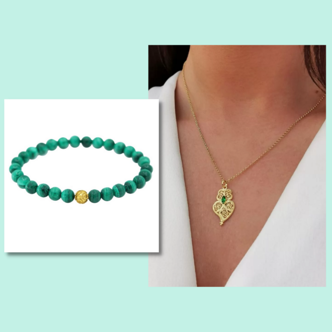 Pulseira Conta de Viana com malaquite, €125 e colar Coração de Viana, €49, Portugal Jewels