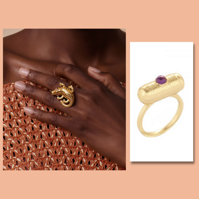 Anel Croco, €190 e anel Sarovar, €190, Marina Yglesias