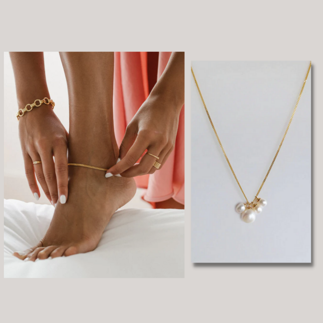 Pulseira tornozelo Doris, €36 e colar Grace, €56, Matilda